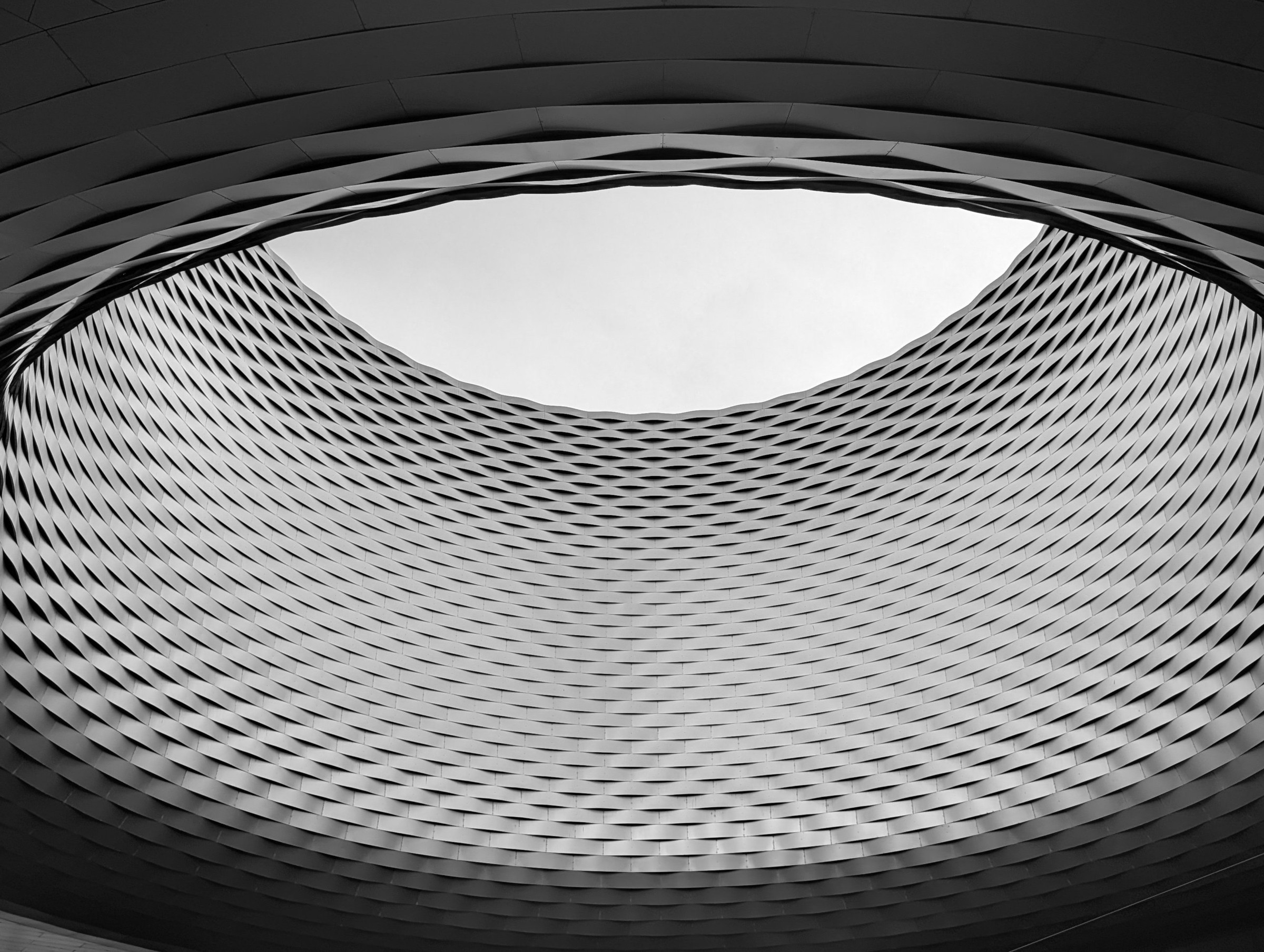 Woven metal facade curving up to an open oculus